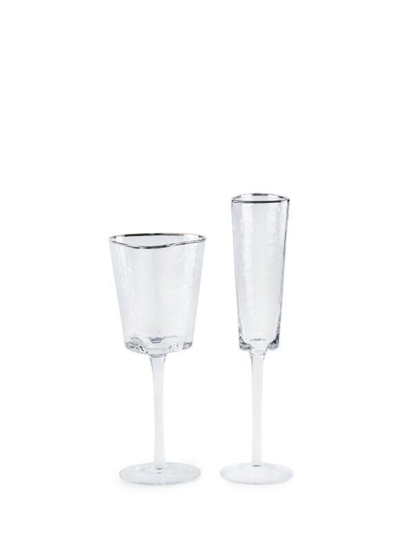 прозрачный бокал для шампанского и вина в аренду для свадеб с серебрянным ободком