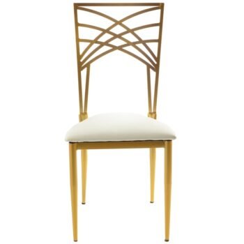 золотой металлический стул в аренду с крестообразной спинкой и белой подушкой