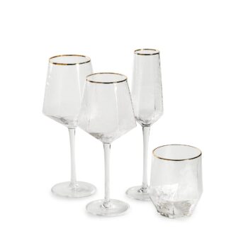 komplekt bokalov dlja vina shampanskogo i vody prozrachnyh iz 4 predmetov s zolotym kantom