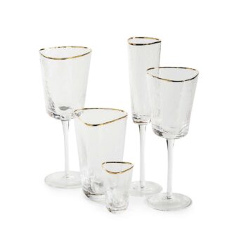 komplekt bokalov dlja vina shampanskogo i vody prozrachnyh iz 5 predmetov s zolotym kantom