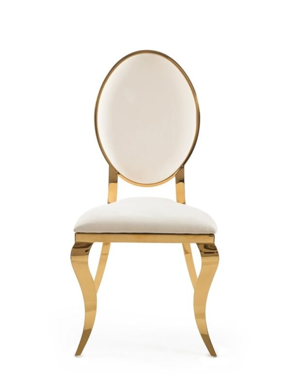 золотой металлический стул диор в аренду с белой подушкой и белой спинкой