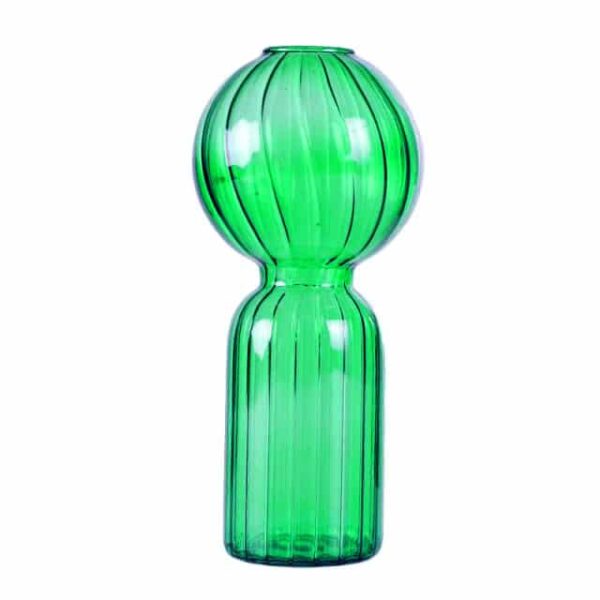 riflenaja vazochka cilindricheskaja s sharoobraznoj vershinoj limo izgotovlena iz stekla zelenogo cveta v stile minimalizm