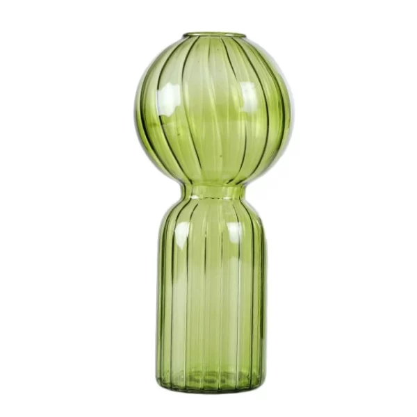 riflenaja vazochka cilindricheskaja s sharoobraznoj vershinoj limo izgotovlena iz stekla zelenogo cveta v stile minimalizm