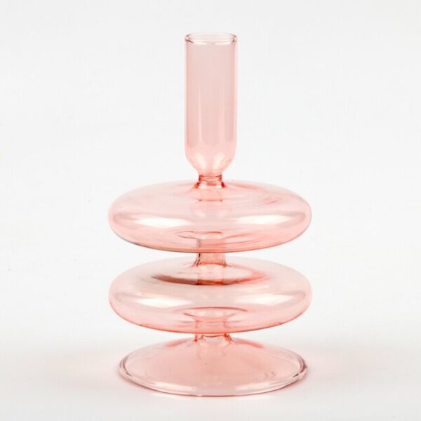 skandinavskij prozrachnyj podsvechnik goa iz tonkogo stekla s dvojnym osnovaniem v vide ploskoj sfery rozovogo cveta