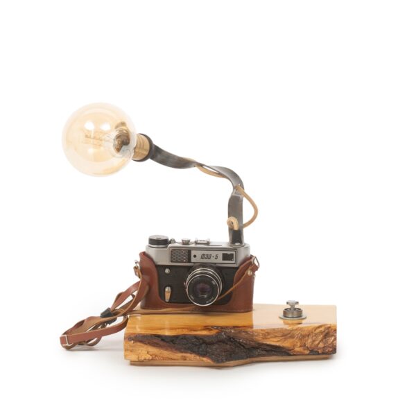 svetilnik nastolnaja lampa steampunk s odnoj lampoj jedisona s osnovaniem v vide fotoapparata a sreze naturalnogo dereva 3